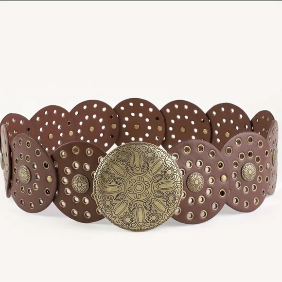 Round Boho Western BELT Medallion Dark Brown or Black Concho Disc PU Leather - Picture 3 of 10